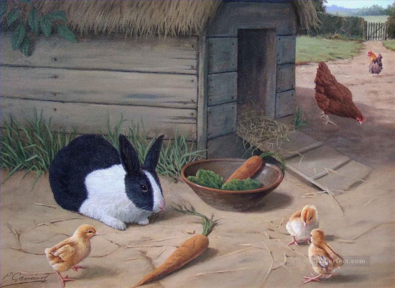Hase und Huhn im viktorianischen Stil Ölgemälde